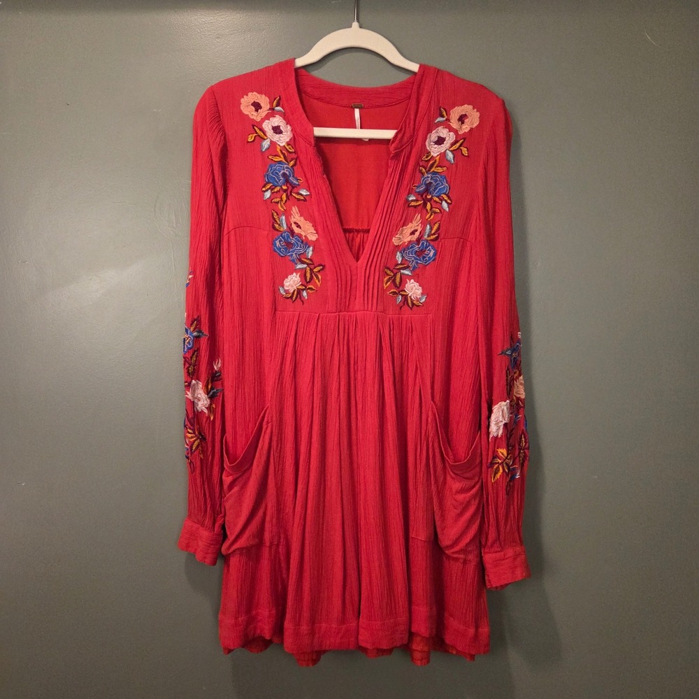 Free People Mia Embroidered Gauze Mini Dress Long Sleeve Boho, Size‎ S, Red